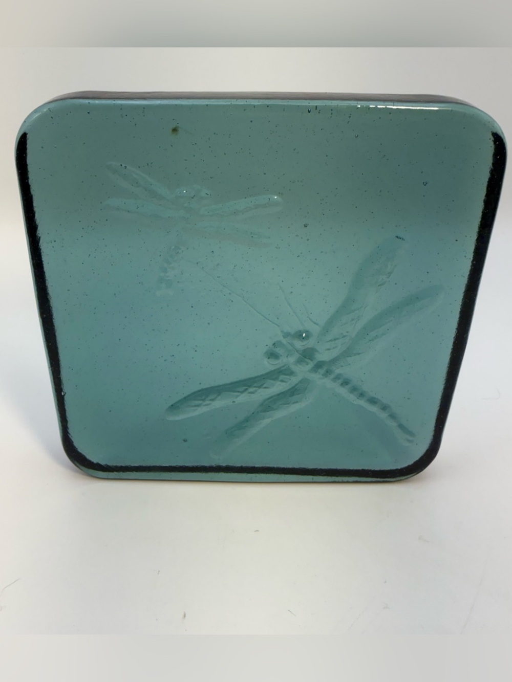 Vintage Recycled Glass Dragonfly Paperweight Block 4" Square Aqua Teal Trivet
